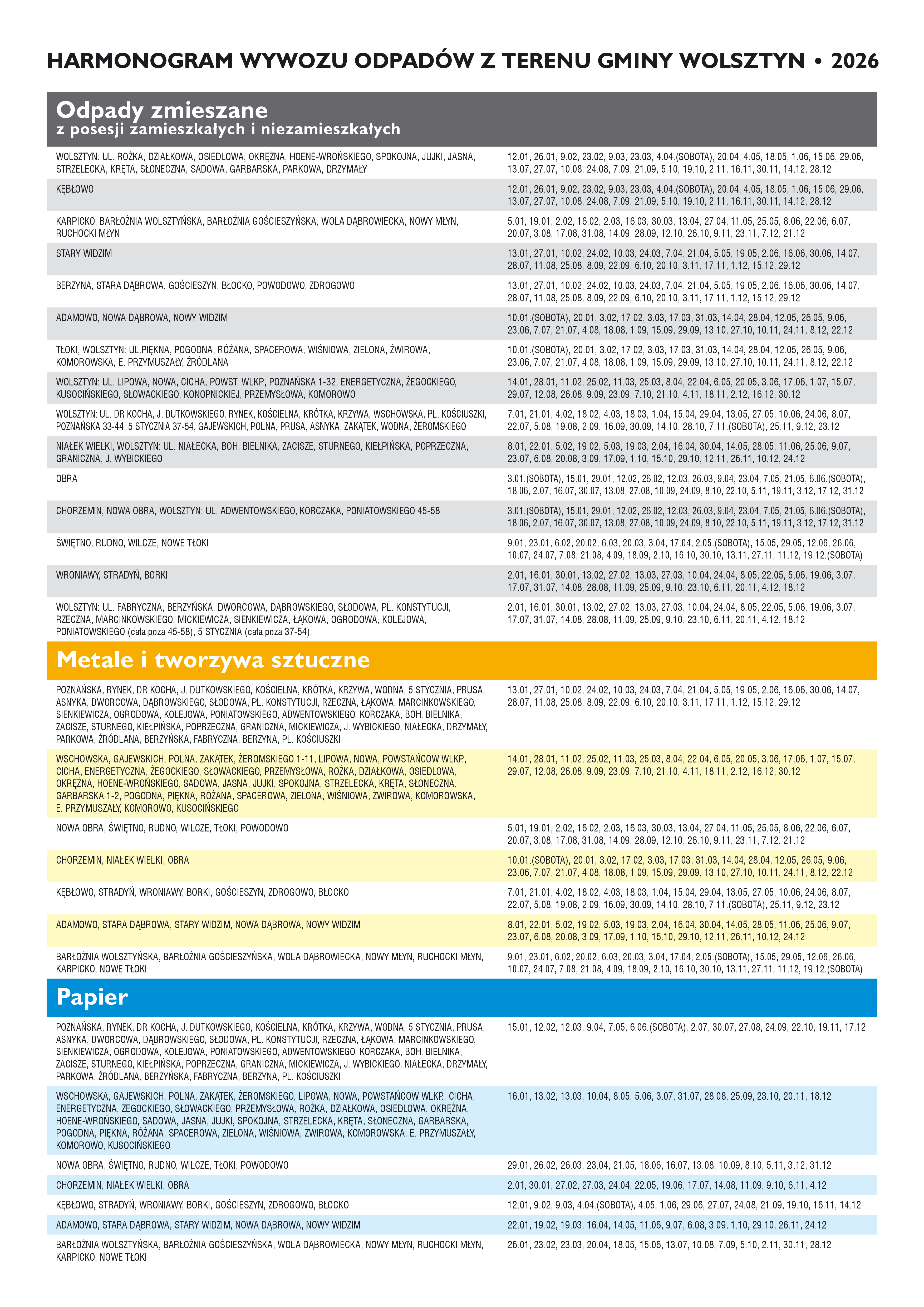 Harmonogram wywozu odpad&oacute;w  z terenu gminy Wolsztyn 2026 rok