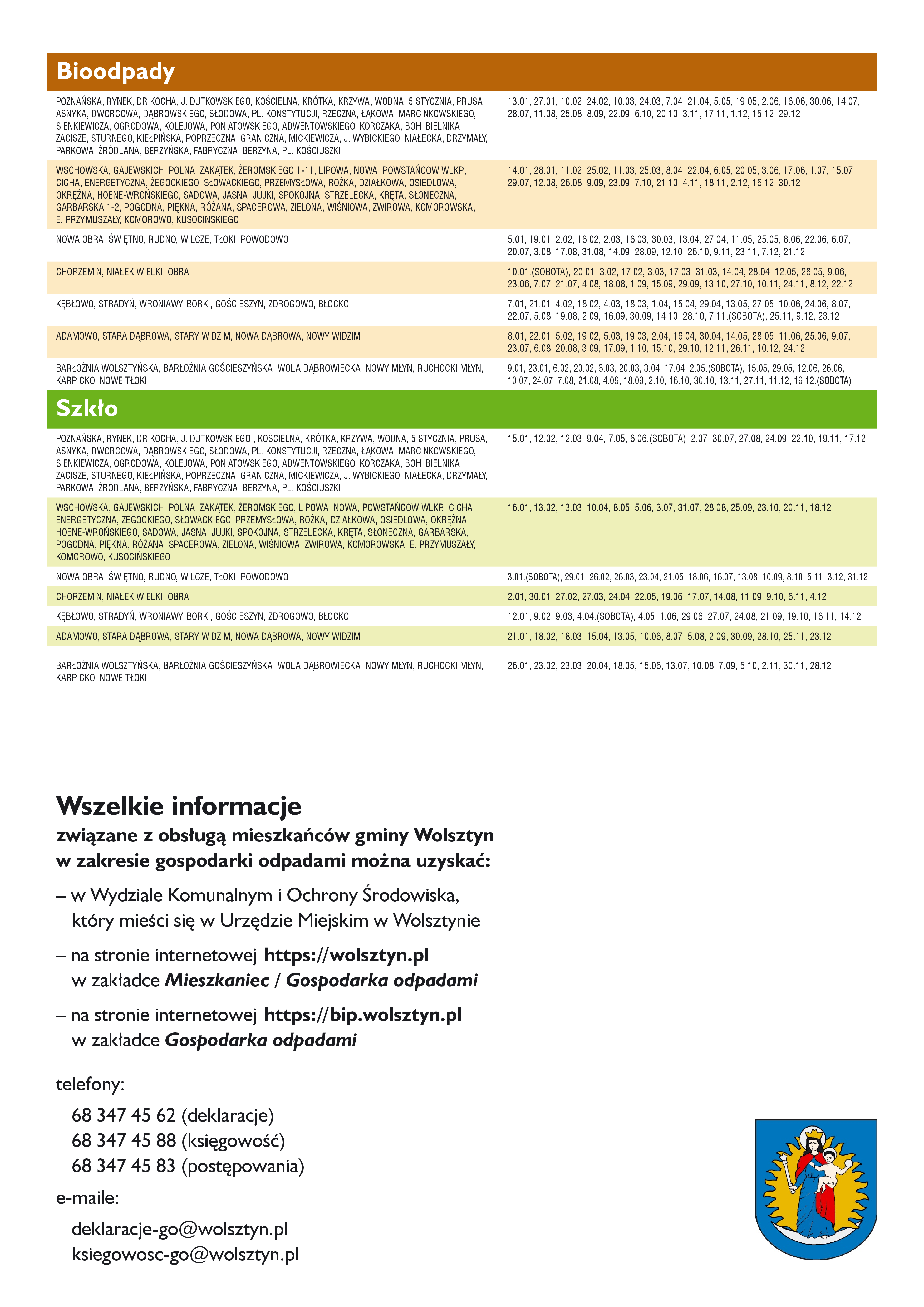 Harmonogram wywozu odpad&oacute;w  z terenu gminy Wolsztyn 2026 rok